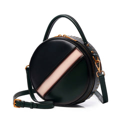 Womens Green Leather Round Handbag CONTRAST COLOR Crossbody Purse Green Round Shoulder Bag for Women