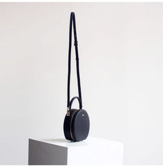 Womens Black Leather Round Handbag Crossbody Bag Round Small Shoulder Bag for Women