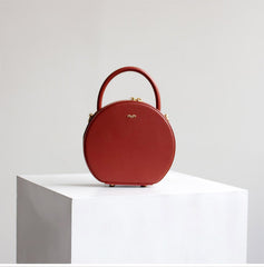 Womens Red Leather Round Handbag Crossbody Bag Round Small Shoulder Bag for Women