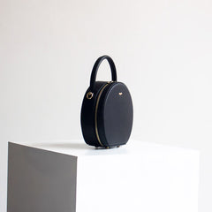 Womens Black Leather Round Handbag Crossbody Bag Round Small Shoulder Bag for Women