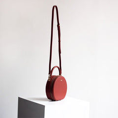 Womens Red Leather Round Handbag Crossbody Bag Round Small Shoulder Bag for Women