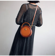 Womens Leather Small Round Handbag Crossbody Purse Round Shoulder Bag for Women