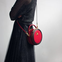 Womens Leather Small Round Handbag Crossbody Purse Round Shoulder Bag for Women