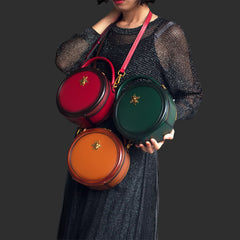 Womens Leather Small Round Handbag Crossbody Purse Round Shoulder Bag for Women
