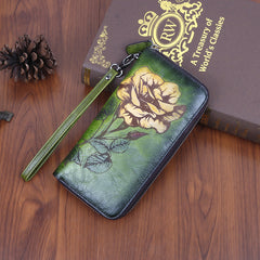 Womens Rose Flower Green Leather Wristlet Wallets Zip Around Wallet Flower Ladies Zipper Clutch Wallet for Women