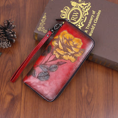 Womens Rose Flower Red Leather Wristlet Wallets Zip Around Wallet Flower Ladies Zipper Clutch Wallet for Women