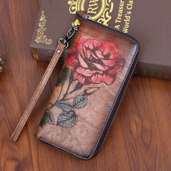 Womens Rose Flower Red Leather Wristlet Wallets Zip Around Wallet Flower Ladies Zipper Clutch Wallet for Women