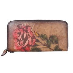 Womens Rose Flower Brown Leather Wristlet Wallets Zip Around Wallet Flower Ladies Zipper Clutch Wallet for Women