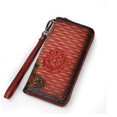 Womens Rose Flower Black Leather Zip Around Wallet Wristlet Wallet Flower Ladies Zipper Clutch Wallet for Women