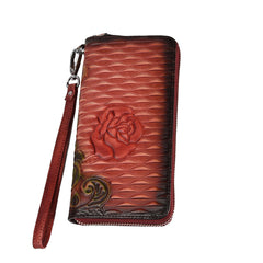 Womens Rose Flower Black Leather Zip Around Wallet Wristlet Wallet Flower Ladies Zipper Clutch Wallet for Women