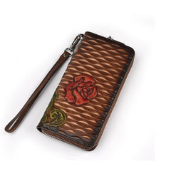 Womens Rose Flower Black Leather Zip Around Wallet Wristlet Wallet Flower Ladies Zipper Clutch Wallet for Women