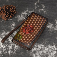 Womens Rose Flower Black Leather Zip Around Wallet Wristlet Wallet Flower Ladies Zipper Clutch Wallet for Women