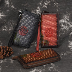 Womens Rose Flower Black Leather Zip Around Wallet Wristlet Wallet Flower Ladies Zipper Clutch Wallet for Women