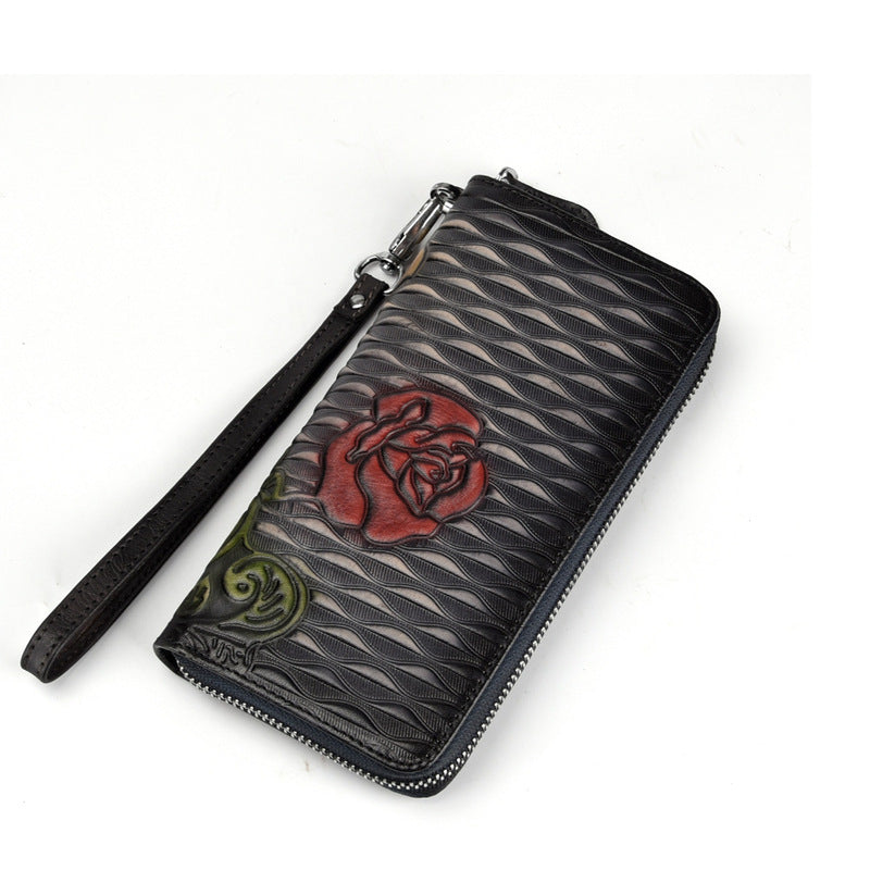 Womens Rose Flower Black Leather Zip Around Wallet Wristlet Wallet Flower Ladies Zipper Clutch Wallet for Women