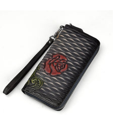 Womens Rose Flower Black Leather Zip Around Wallet Wristlet Wallet Flower Ladies Zipper Clutch Wallet for Women