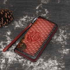 Womens Rose Flower Black Leather Zip Around Wallet Wristlet Wallet Flower Ladies Zipper Clutch Wallet for Women