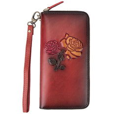 Womens Rose Flowers Black Leather Wristlet Wallets Zip Around Wallet Flowers Ladies Zipper Clutch Wallet for Women