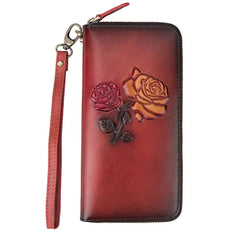 Womens Rose Flowers Leather Wristlet Wallets Zip Around Wallet Flowers Ladies Zipper Clutch Wallet for Women