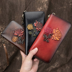 Womens Rose Flowers Black Leather Wristlet Wallets Zip Around Wallet Flowers Ladies Zipper Clutch Wallet for Women