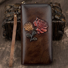 Womens Rose Flowers Coffee Leather Wristlet Wallets Zip Around Wallet Flowers Ladies Zipper Clutch Wallet for Women