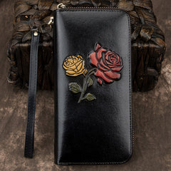 Womens Rose Flowers Leather Wristlet Wallets Zip Around Wallet Flowers Ladies Zipper Clutch Wallet for Women