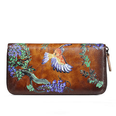 Womens Wisteria Flower Coffee Leather Zip Around Wallet Wristlet Wallet Flower Ladies Zipper Clutch Wallet for Women