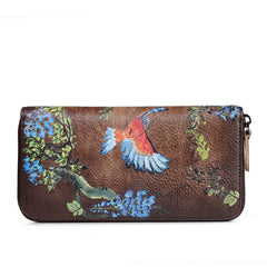 Womens Wisteria Flower Coffee Leather Zip Around Wallet Wristlet Wallet Flower Ladies Zipper Clutch Wallet for Women