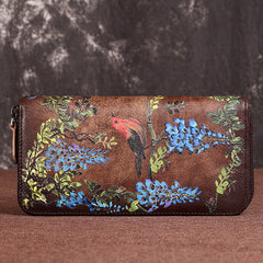 Womens Wisteria Flower Brown Leather Zip Around Wallet Wristlet Wallet Flower Ladies Zipper Clutch Wallet for Women