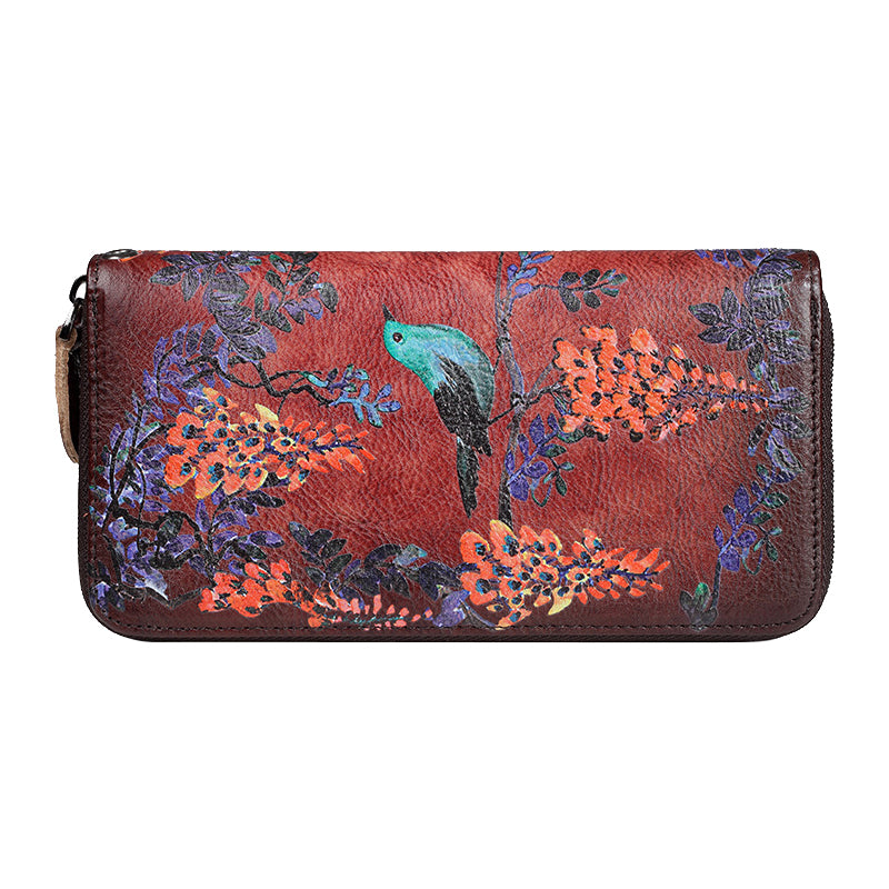 Womens Wisteria Flower Brown Leather Zip Around Wallet Wristlet Wallet Flower Ladies Zipper Clutch Wallet for Women