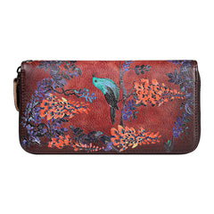 Womens Wisteria Flower Red Leather Zip Around Wallet Wristlet Wallet Flower Ladies Zipper Clutch Wallet for Women