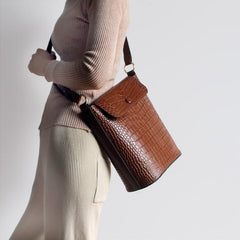 Fashion Womens Crocodile Print Brown Leather Bucket Side Bag Shoulder Bag Crossbody Bag Purse for Ladies