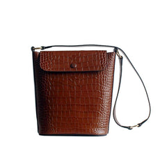 Fashion Womens Crocodile Print Brown Leather Bucket Side Bag Shoulder Bag Crossbody Bag Purse for Ladies