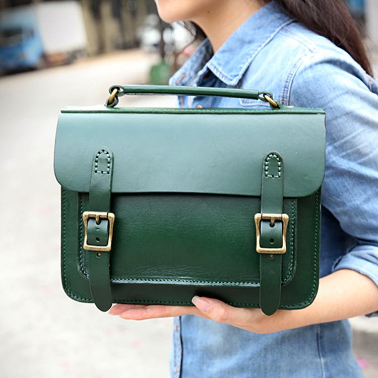 Handmade Womens Green Leather Satchel Shoulder Bag