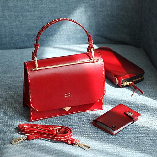 Red Leather Small Flap Square Crossbody Bag Purse