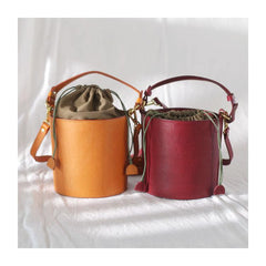 Fashion Tan Leather Womens Small Handbag Structured Bucket Shoulder Bag Leather Drawstring Crossbody Bag