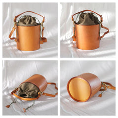 Fashion Tan Leather Womens Small Handbag Structured Bucket Shoulder Bag Leather Drawstring Crossbody Bag