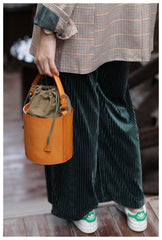 Fashion Tan Leather Womens Small Handbag Structured Bucket Shoulder Bag Leather Drawstring Crossbody Bag