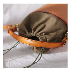 Fashion Tan Leather Womens Small Handbag Structured Bucket Shoulder Bag Leather Drawstring Crossbody Bag