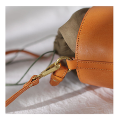 Fashion Tan Leather Womens Small Handbag Structured Bucket Shoulder Bag Leather Drawstring Crossbody Bag