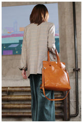 Fashion Womens Brown Soft Leather Vertical Shopper Tote Bag Black Shoulder Bag Tote Purse for Women