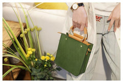 Fashion WOmens Green Leather Wooden Handle Handbag Small Structured Square Shoulder Bag Crossbody Purse