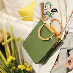 Fashion WOmens Green Leather Wooden Handle Handbag Small Structured Square Shoulder Bag Crossbody Purse