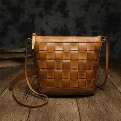 Brown Braided Womens Leather Small Bucket Bag Small Black Bucket Shoulder Purse Barrel Bag
