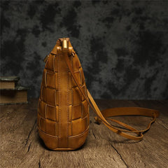 Brown Braided Womens Leather Small Bucket Bag Small Black Bucket Shoulder Purse Barrel Bag