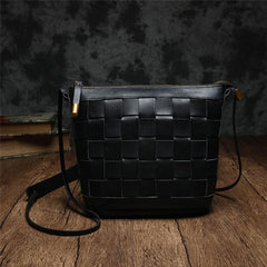 Brown Braided Womens Leather Small Bucket Bag Small Black Bucket Shoulder Purse Barrel Bag