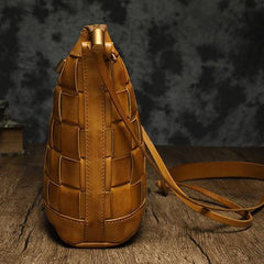 Brown Braided Womens Leather Small Bucket Bag Small Black Bucket Shoulder Purse Barrel Bag