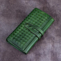 Brown Ladies Vintage Braided Leather Wallet Long Wallet Womens Green Clutch Wallet Red Purse