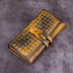 Grey Womens Braided Leather Long Wallet Phone Brown Long Bifold Clutch Purse for Ladies