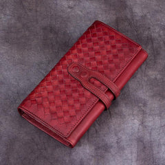 Brown Ladies Vintage Braided Leather Wallet Long Wallet Womens Green Clutch Wallet Red Purse