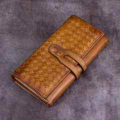Grey Womens Braided Leather Long Wallet Phone Brown Long Bifold Clutch Purse for Ladies